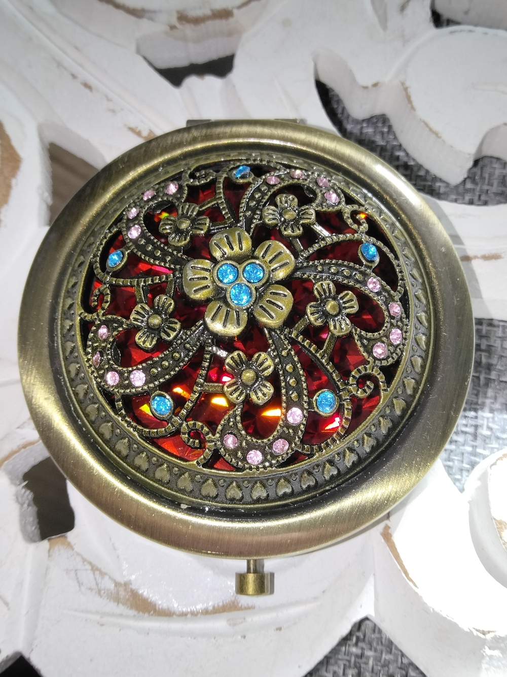 Antique Brass Floral Compact with Red and Blue Rhinestones